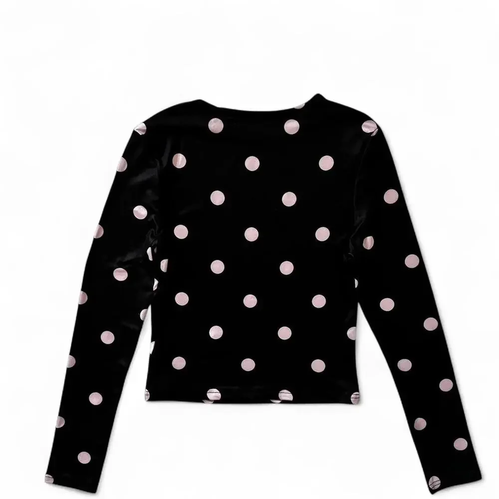 Black Pink Polka Dot Long Sleeve Top Y2K Basic Stretch Minimalist Women's Small - Picture 3 of 5